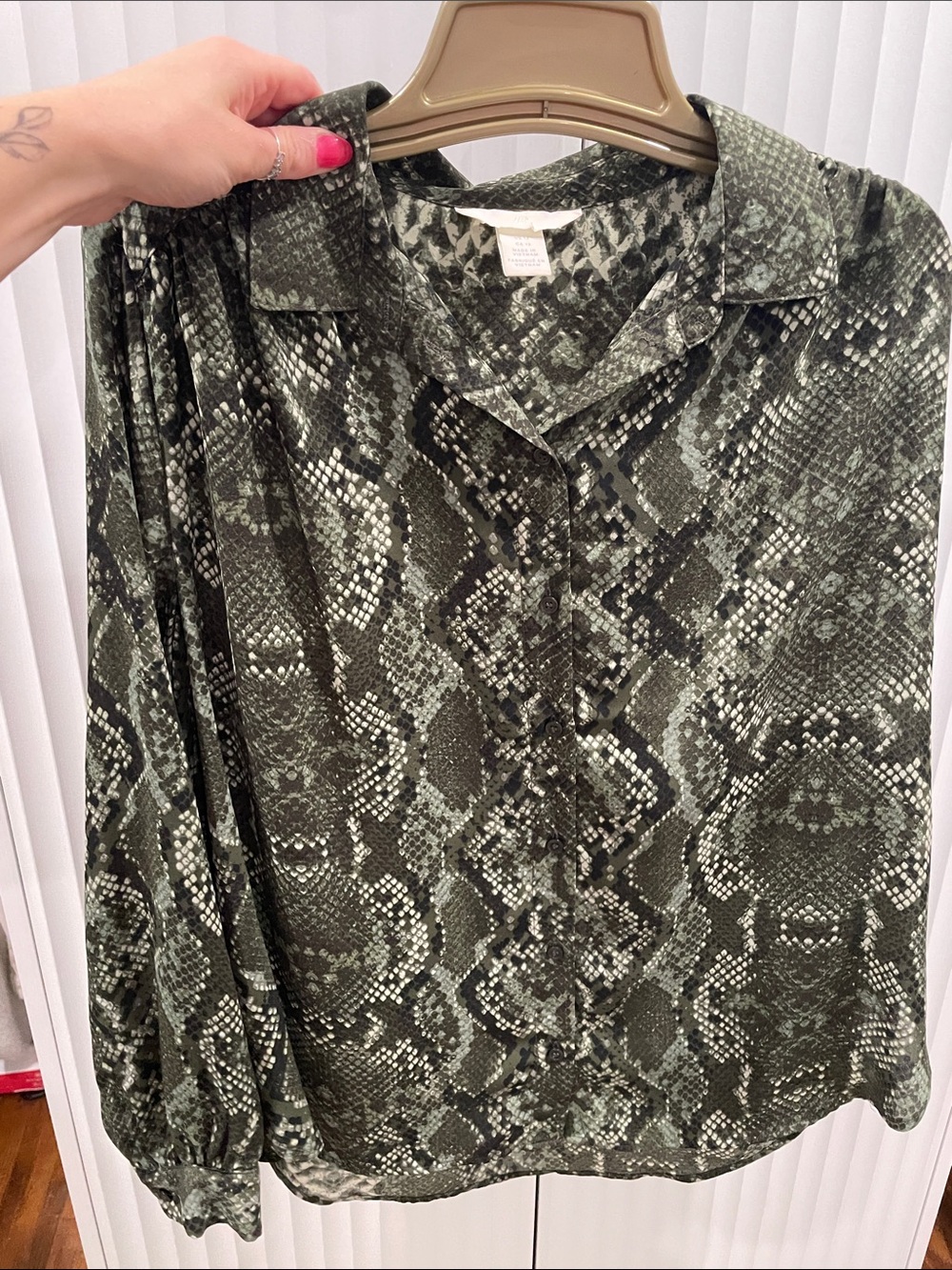 H&M Olive Green and Black Snake Print Button-Down Top